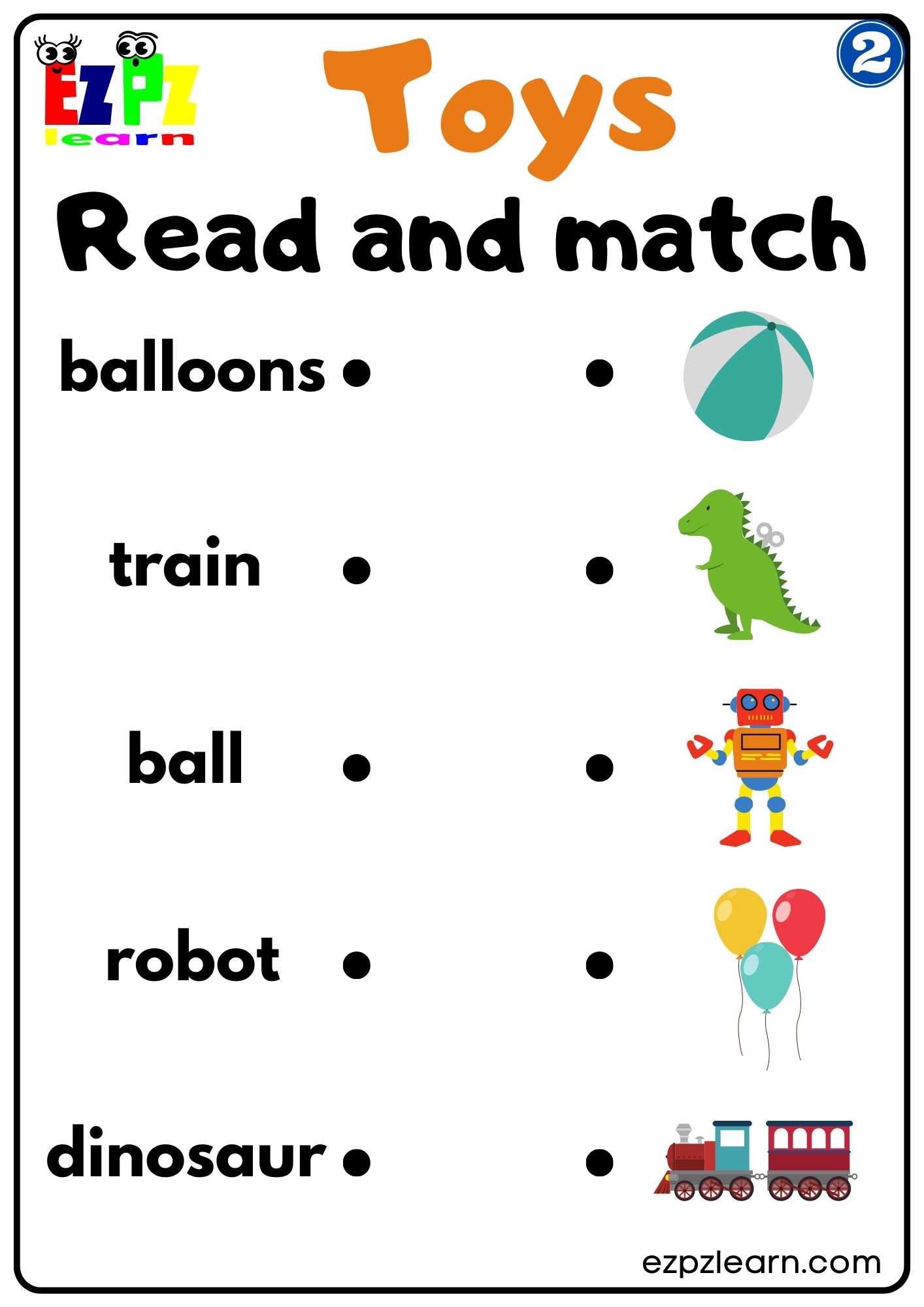 Group 2 Toys Vocabulary Read and Match Worksheet for K5 and ESL PDF Download